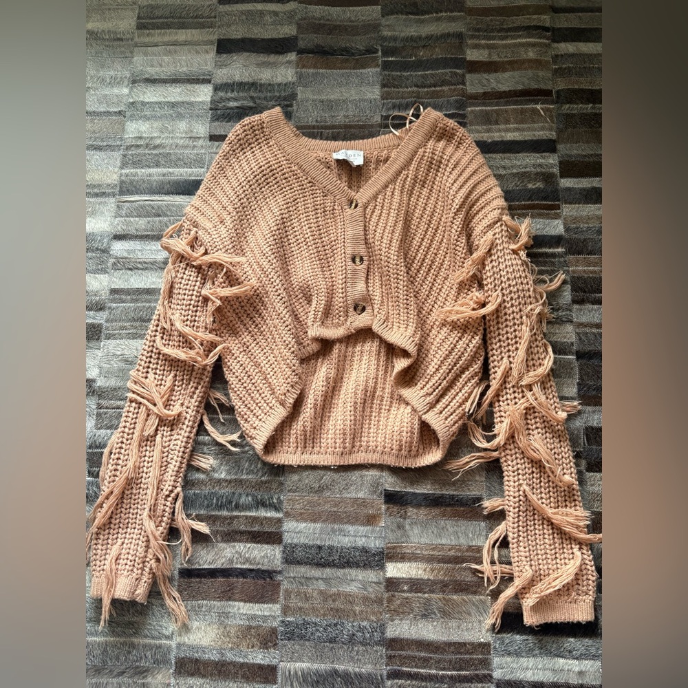 Hayden Button-Up Fringed Cardigan in Tan